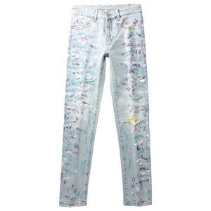 Quality Light Blue Painted Designer Ripped Jeans